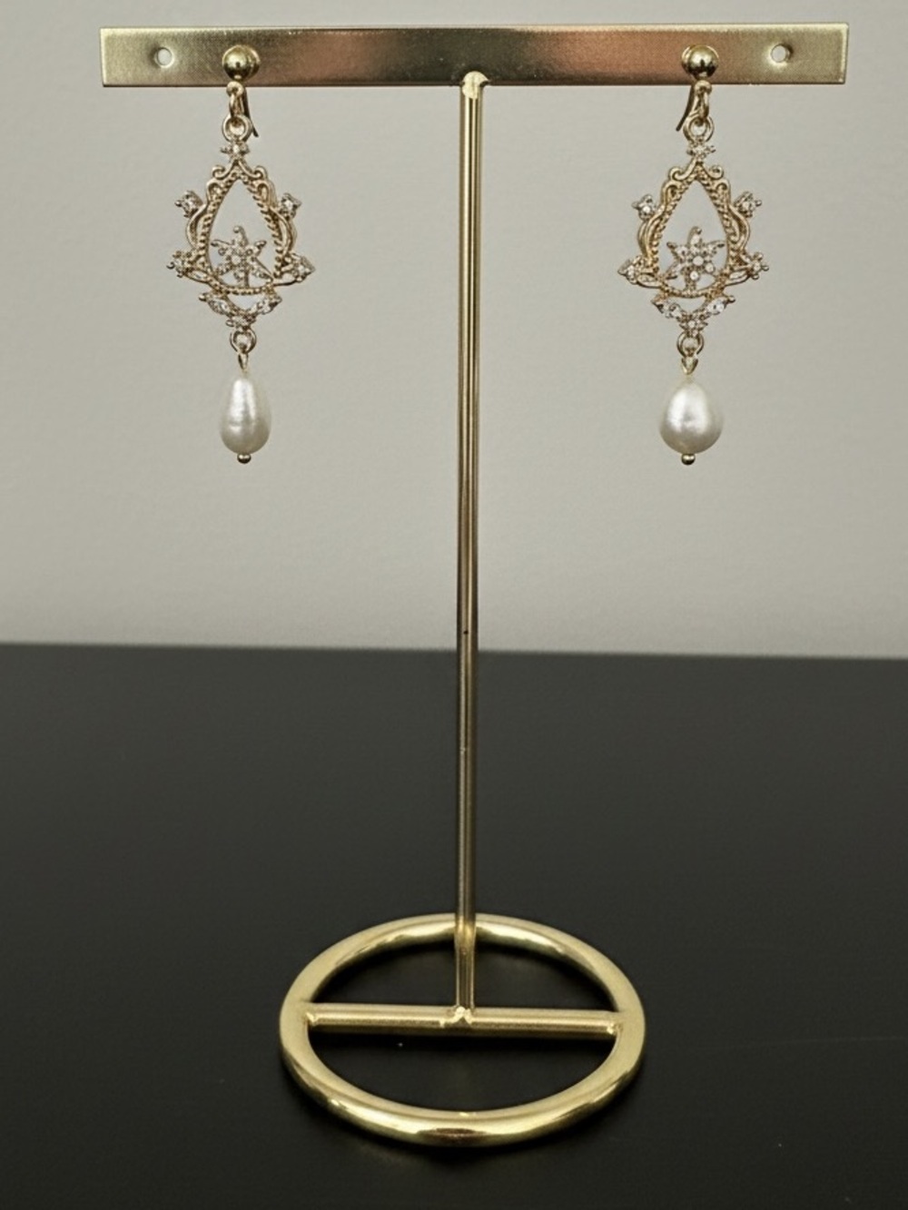 14k Gold Plated Intricate Pearl Drop Earrings. New. - Picture 4 of 8